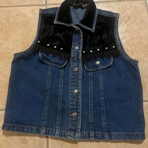 Denim and Black Vest with Pearl Accents